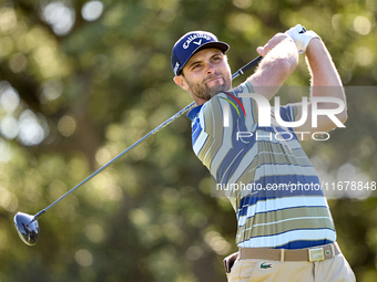 Adri Arnaus of Spain tees off on the 9th hole during the Estrella Damm N.A. Andalucia Masters 2024 at Real Club de Golf Sotogrande in San Ro...