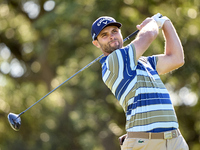 Adri Arnaus of Spain tees off on the 9th hole during the Estrella Damm N.A. Andalucia Masters 2024 at Real Club de Golf Sotogrande in San Ro...