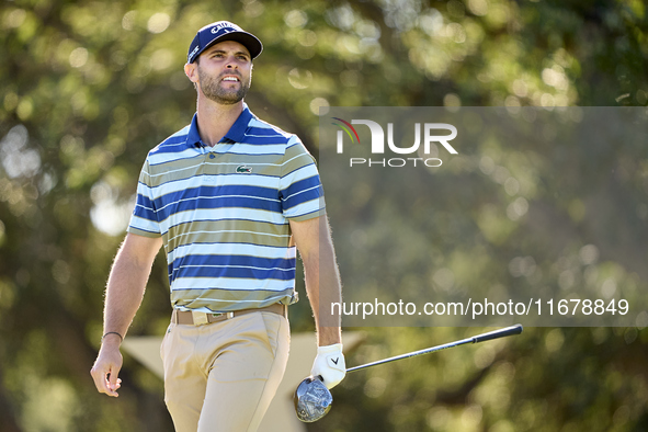 Adri Arnaus of Spain tees off on the 9th hole during the Estrella Damm N.A. Andalucia Masters 2024 at Real Club de Golf Sotogrande in San Ro...