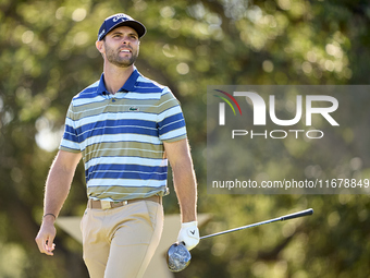 Adri Arnaus of Spain tees off on the 9th hole during the Estrella Damm N.A. Andalucia Masters 2024 at Real Club de Golf Sotogrande in San Ro...