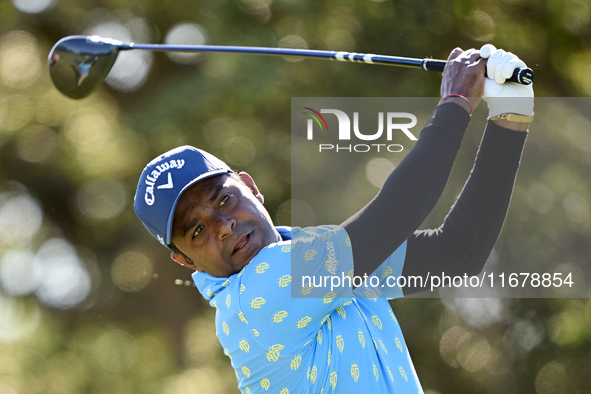 Om Prakash Chouhan of India tees off on the 9th hole during the Estrella Damm N.A. Andalucia Masters 2024 at Real Club de Golf Sotogrande in...