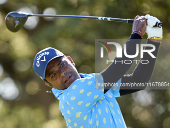 Om Prakash Chouhan of India tees off on the 9th hole during the Estrella Damm N.A. Andalucia Masters 2024 at Real Club de Golf Sotogrande in...