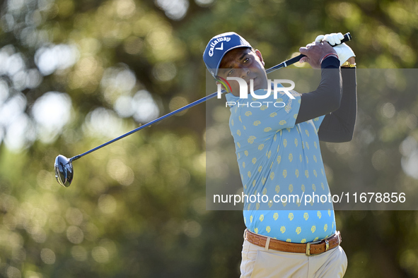 Om Prakash Chouhan of India tees off on the 9th hole during the Estrella Damm N.A. Andalucia Masters 2024 at Real Club de Golf Sotogrande in...