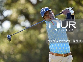 Om Prakash Chouhan of India tees off on the 9th hole during the Estrella Damm N.A. Andalucia Masters 2024 at Real Club de Golf Sotogrande in...