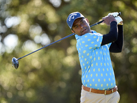 Om Prakash Chouhan of India tees off on the 9th hole during the Estrella Damm N.A. Andalucia Masters 2024 at Real Club de Golf Sotogrande in...