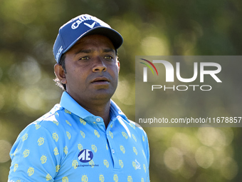 Om Prakash Chouhan of India tees off on the 9th hole during the Estrella Damm N.A. Andalucia Masters 2024 at Real Club de Golf Sotogrande in...