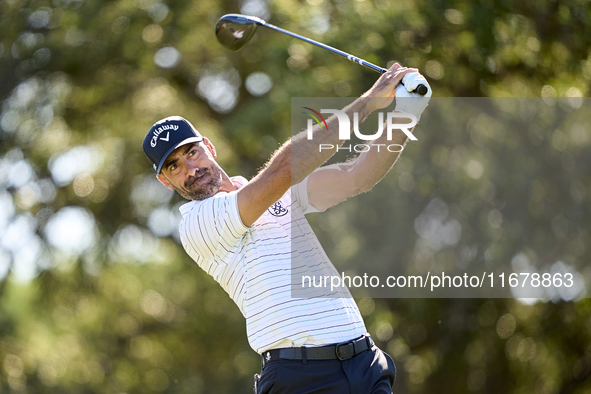 Alvaro Quiros of Spain tees off on the 9th hole during the Estrella Damm N.A. Andalucia Masters 2024 at Real Club de Golf Sotogrande in San...