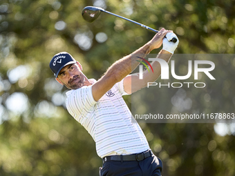 Alvaro Quiros of Spain tees off on the 9th hole during the Estrella Damm N.A. Andalucia Masters 2024 at Real Club de Golf Sotogrande in San...