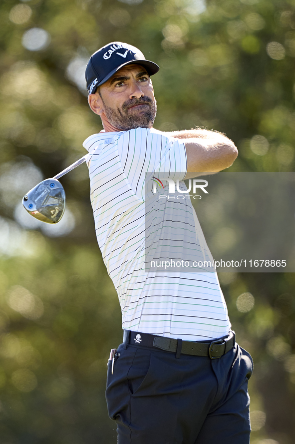 Alvaro Quiros of Spain tees off on the 9th hole during the Estrella Damm N.A. Andalucia Masters 2024 at Real Club de Golf Sotogrande in San...