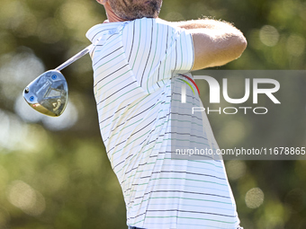 Alvaro Quiros of Spain tees off on the 9th hole during the Estrella Damm N.A. Andalucia Masters 2024 at Real Club de Golf Sotogrande in San...