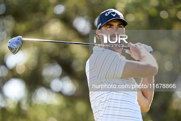 Alvaro Quiros of Spain tees off on the 9th hole during the Estrella Damm N.A. Andalucia Masters 2024 at Real Club de Golf Sotogrande in San...