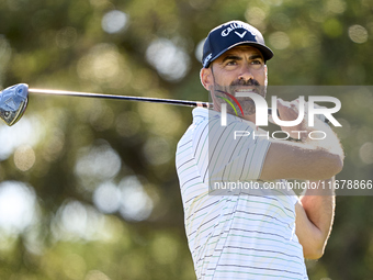 Alvaro Quiros of Spain tees off on the 9th hole during the Estrella Damm N.A. Andalucia Masters 2024 at Real Club de Golf Sotogrande in San...