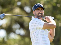 Alvaro Quiros of Spain tees off on the 9th hole during the Estrella Damm N.A. Andalucia Masters 2024 at Real Club de Golf Sotogrande in San...