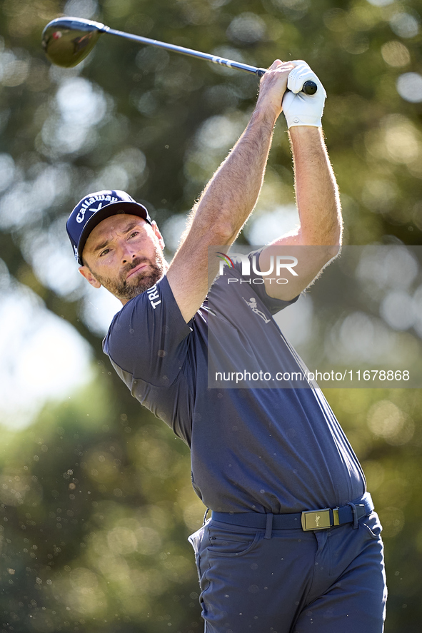 Oliver Wilson of England tees off on the 9th hole during the Estrella Damm N.A. Andalucia Masters 2024 at Real Club de Golf Sotogrande in Sa...