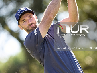 Oliver Wilson of England tees off on the 9th hole during the Estrella Damm N.A. Andalucia Masters 2024 at Real Club de Golf Sotogrande in Sa...