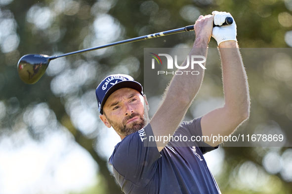 Oliver Wilson of England tees off on the 9th hole during the Estrella Damm N.A. Andalucia Masters 2024 at Real Club de Golf Sotogrande in Sa...