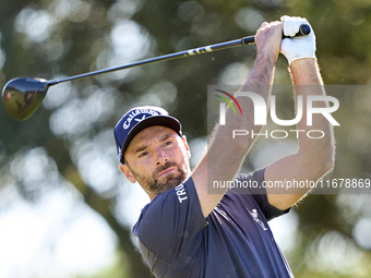 Oliver Wilson of England tees off on the 9th hole during the Estrella Damm N.A. Andalucia Masters 2024 at Real Club de Golf Sotogrande in Sa...