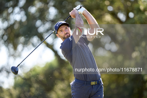 Oliver Wilson of England tees off on the 9th hole during the Estrella Damm N.A. Andalucia Masters 2024 at Real Club de Golf Sotogrande in Sa...