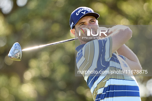 Adri Arnaus of Spain tees off on the 9th hole during the Estrella Damm N.A. Andalucia Masters 2024 at Real Club de Golf Sotogrande in San Ro...