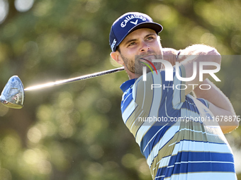 Adri Arnaus of Spain tees off on the 9th hole during the Estrella Damm N.A. Andalucia Masters 2024 at Real Club de Golf Sotogrande in San Ro...