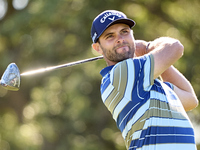 Adri Arnaus of Spain tees off on the 9th hole during the Estrella Damm N.A. Andalucia Masters 2024 at Real Club de Golf Sotogrande in San Ro...