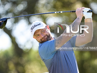 Andy Sullivan of England tees off on the 9th hole during the Estrella Damm N.A. Andalucia Masters 2024 at Real Club de Golf Sotogrande in Sa...