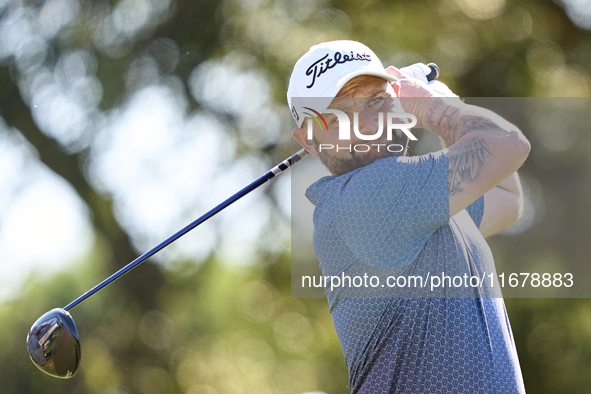 Andy Sullivan of England tees off on the 9th hole during the Estrella Damm N.A. Andalucia Masters 2024 at Real Club de Golf Sotogrande in Sa...