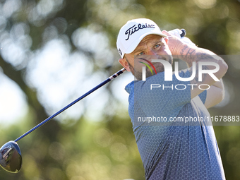 Andy Sullivan of England tees off on the 9th hole during the Estrella Damm N.A. Andalucia Masters 2024 at Real Club de Golf Sotogrande in Sa...