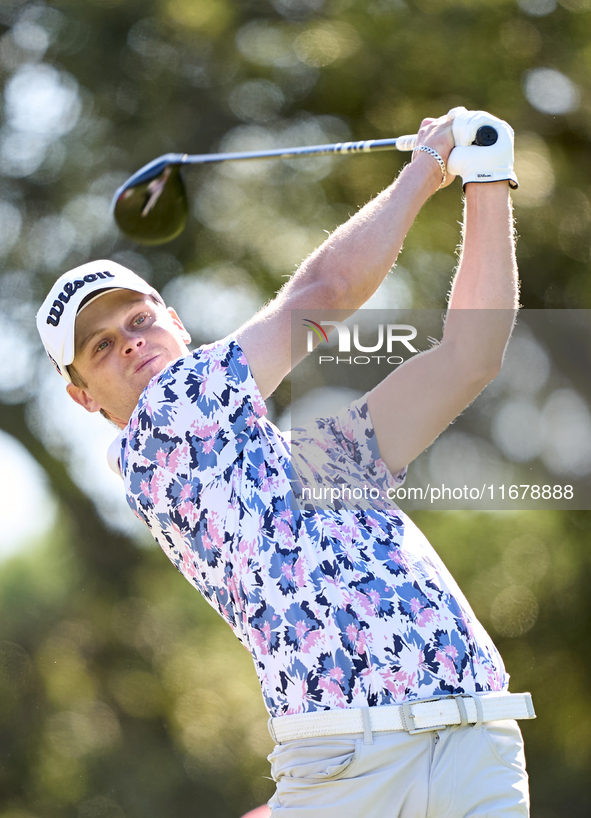 Hurly Long of Germany tees off on the 9th hole during the Estrella Damm N.A. Andalucia Masters 2024 at Real Club de Golf Sotogrande in San R...