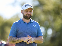 Andy Sullivan of England reacts on the 9th hole during the Estrella Damm N.A. Andalucia Masters 2024 at Real Club de Golf Sotogrande in San...