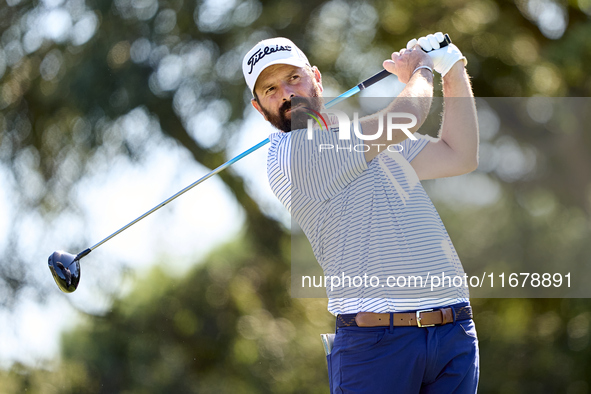 Thomas Aiken of South Africa tees off on the 9th hole during the Estrella Damm N.A. Andalucia Masters 2024 at Real Club de Golf Sotogrande i...