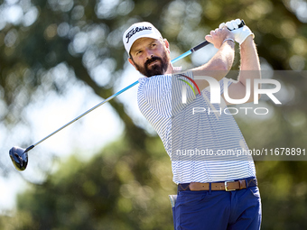 Thomas Aiken of South Africa tees off on the 9th hole during the Estrella Damm N.A. Andalucia Masters 2024 at Real Club de Golf Sotogrande i...