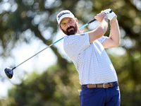 Thomas Aiken of South Africa tees off on the 9th hole during the Estrella Damm N.A. Andalucia Masters 2024 at Real Club de Golf Sotogrande i...