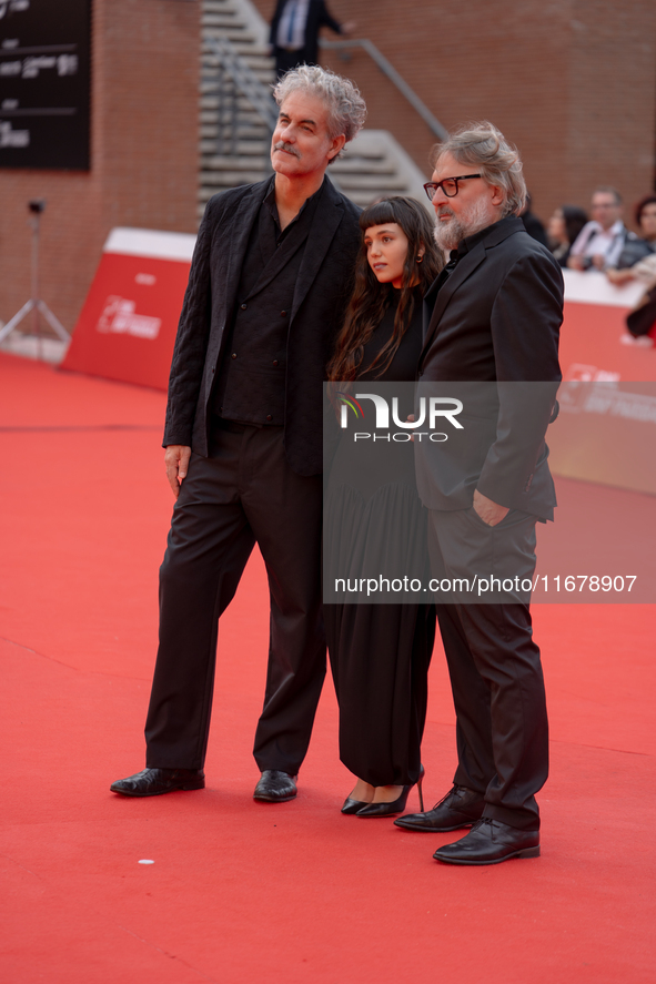 Iacopo Bedogni of Masbedo, Gala Zohar Martinucci, and Nicolo Massazza of Masbedo attend the ''Arsa'' red carpet during the 19th Rome Film Fe...