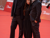 Iacopo Bedogni of Masbedo, Gala Zohar Martinucci, and Nicolo Massazza of Masbedo attend the ''Arsa'' red carpet during the 19th Rome Film Fe...