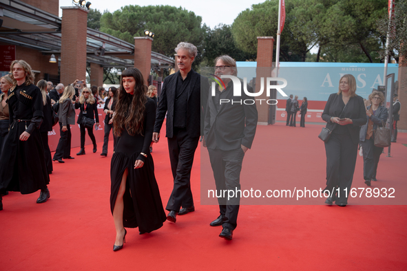 Iacopo Bedogni of Masbedo, Gala Zohar Martinucci, and Nicolo Massazza of Masbedo attend the ''Arsa'' red carpet during the 19th Rome Film Fe...