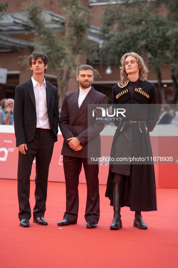 Giovanni Cannata, Jacopo Olmo Antinori, and Luca Chikovani attend the ''Arsa'' red carpet during the 19th Rome Film Festival at Auditorium P...