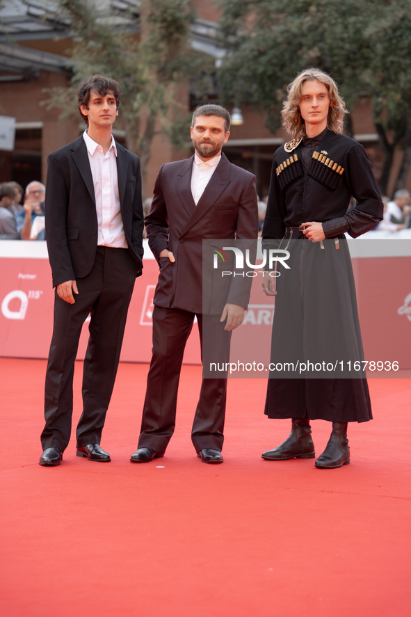 Giovanni Cannata, Jacopo Olmo Antinori, and Luca Chikovani attend the ''Arsa'' red carpet during the 19th Rome Film Festival at Auditorium P...