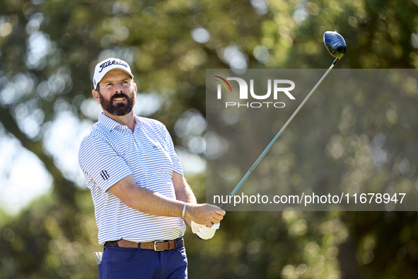 Thomas Aiken of South Africa tees off on the 9th hole during the Estrella Damm N.A. Andalucia Masters 2024 at Real Club de Golf Sotogrande i...