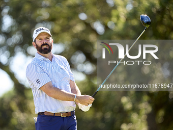 Thomas Aiken of South Africa tees off on the 9th hole during the Estrella Damm N.A. Andalucia Masters 2024 at Real Club de Golf Sotogrande i...