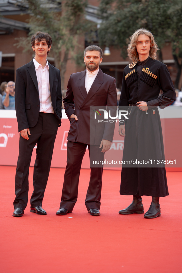 Giovanni Cannata, Jacopo Olmo Antinori, and Luca Chikovani attend the ''Arsa'' red carpet during the 19th Rome Film Festival at Auditorium P...