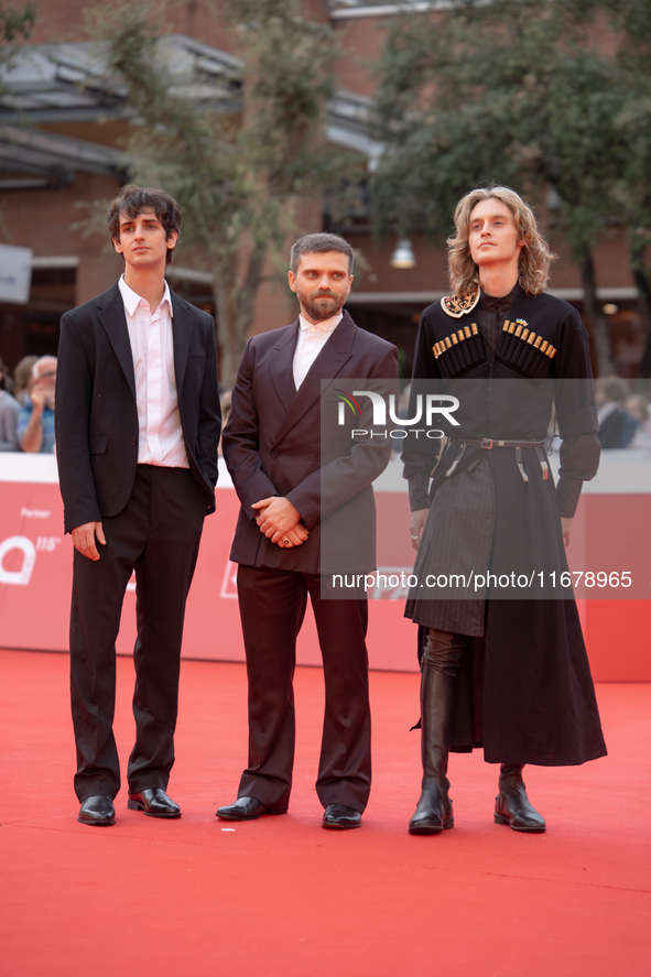 Giovanni Cannata, Jacopo Olmo Antinori, and Luca Chikovani attend the ''Arsa'' red carpet during the 19th Rome Film Festival at Auditorium P...