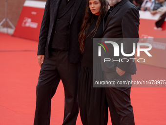 Iacopo Bedogni of Masbedo, Gala Zohar Martinucci, and Nicolo Massazza of Masbedo attend the ''Arsa'' red carpet during the 19th Rome Film Fe...