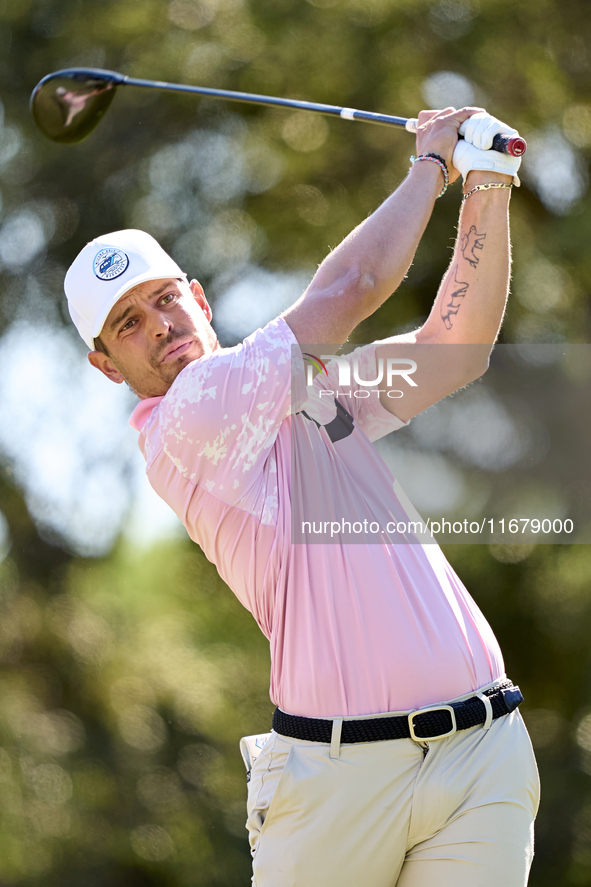 Adrien Saddier of France tees off on the 9th hole during the Estrella Damm N.A. Andalucia Masters 2024 at Real Club de Golf Sotogrande in Sa...