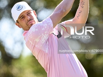 Adrien Saddier of France tees off on the 9th hole during the Estrella Damm N.A. Andalucia Masters 2024 at Real Club de Golf Sotogrande in Sa...