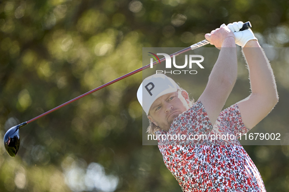 Tom Lewis of England tees off on the 9th hole during the Estrella Damm N.A. Andalucia Masters 2024 at Real Club de Golf Sotogrande in San Ro...