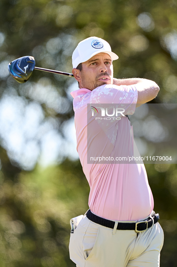 Adrien Saddier of France tees off on the 9th hole during the Estrella Damm N.A. Andalucia Masters 2024 at Real Club de Golf Sotogrande in Sa...