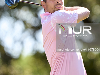 Adrien Saddier of France tees off on the 9th hole during the Estrella Damm N.A. Andalucia Masters 2024 at Real Club de Golf Sotogrande in Sa...