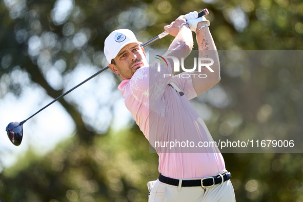 Adrien Saddier of France tees off on the 9th hole during the Estrella Damm N.A. Andalucia Masters 2024 at Real Club de Golf Sotogrande in Sa...