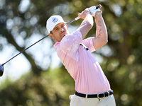 Adrien Saddier of France tees off on the 9th hole during the Estrella Damm N.A. Andalucia Masters 2024 at Real Club de Golf Sotogrande in Sa...